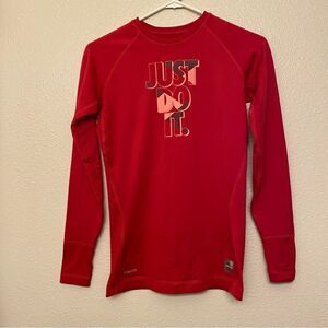 NIKE PRO hot pink Just Do It fitted cozy fleece lined Long Sleeve Running Top -S
